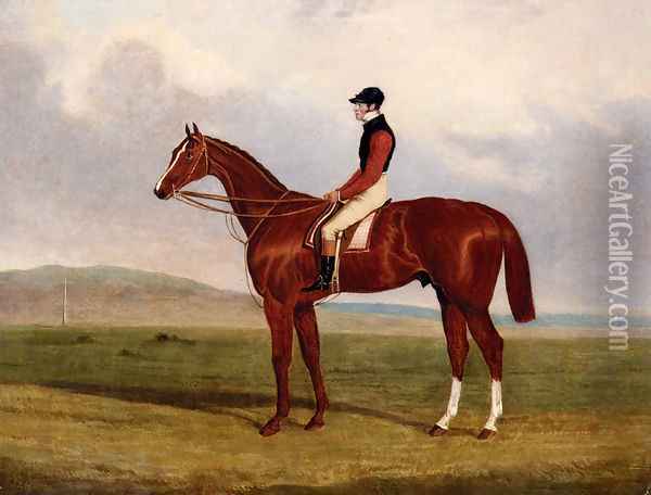 Elis, A Chestnut Racehorse With John Day Up Waering The Colours Of Lord Lichfield, A Racehorse Beynd Oil Painting - John Frederick Herring Snr