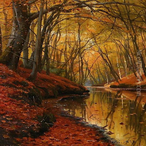 Serpentine Stream In An Autumn Forest Oil Painting - Peder Mork Monsted