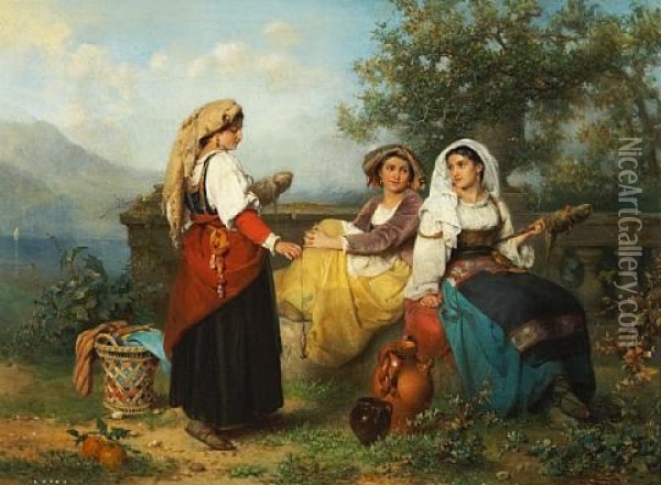 Three Young Maidens Spinning Wool Oil Painting - Karel Frans Philippeau