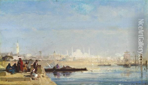 Turks Waiting At A Quay On The Bosphourus, Istanbul Oil Painting - Henri Duvieux