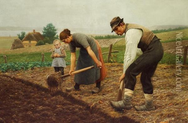 Farmers Working In The Field, A Boy Is Holding A Carrot Oil Painting - Povl Steffensen