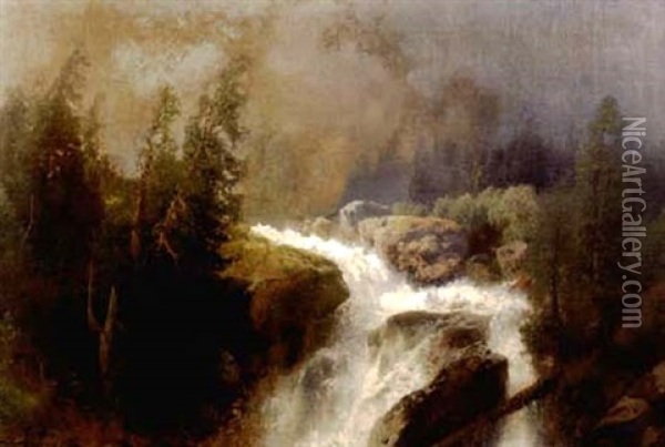 Waterfall In Hemsdalen Oil Painting - Hermann Herzog