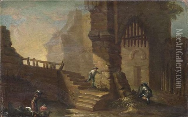 Wascherinnen Und Andere Figuren Vor Dem Eingang Eines Ruinosen Schlosses Oil Painting - Norbert Joseph Carl Grund