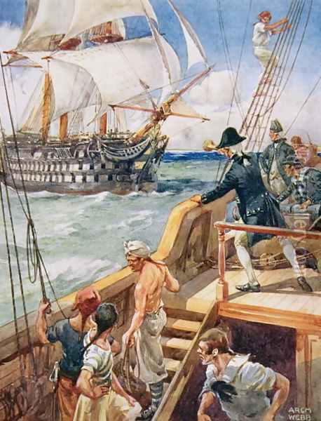 Our Captain Hailed the Frenchman Ho!, illustration from Ballads of Famous Fights, c.1900 Oil Painting - Archibald Webb