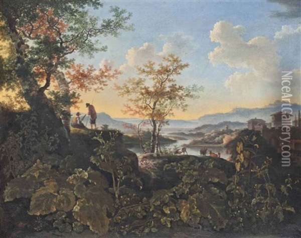 An Extensive River Landscape With Shepherds At Rest Oil Painting - Adam Pynacker