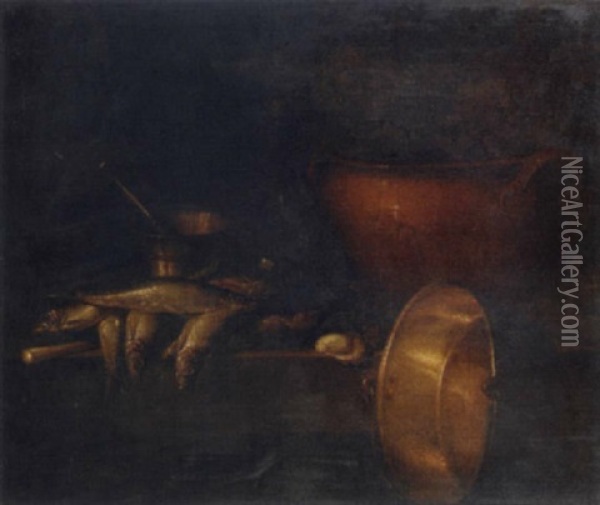 An Earthenware Jar Containing Artichokes, A Bottle, A Brass Pestle And Mortar, With Fish And Oysters On A Stone Ledge Oil Painting - Giovanni Battista Recco