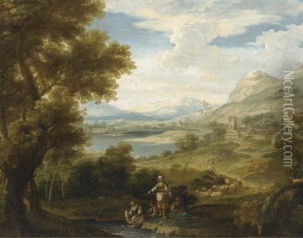 An Extensive Landscape With Shepherdesses And Washerwomen By Alake Oil Painting - Francesco Zuccarelli