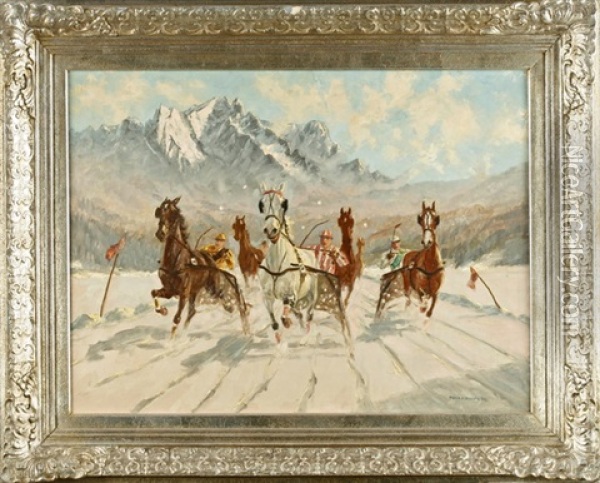 Trabrennen Auf Schnee Oil Painting - Franz Hienl-Merre