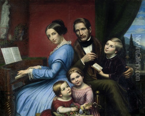 Bildnis Der Familie Eines Architekten, Im Hintergrund Eine Italienische Landschaft Oil Painting - George Friedrich Bolte