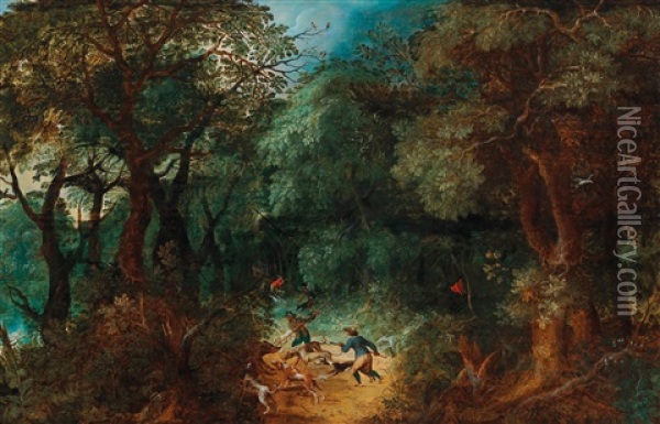 A Forest Landscape With A Bear Hunt Oil Painting - Abraham Govaerts