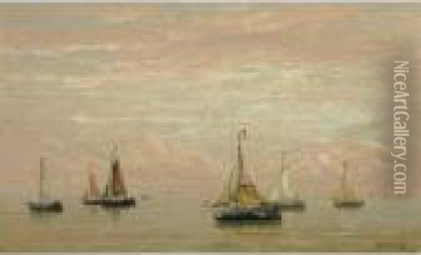 Fishing Boats In A Calm Oil Painting - Hendrik Willem Mesdag