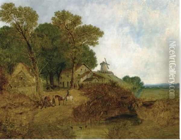 Travellers On A Road By A River, Farmhouses And A Windmill Beyond Oil Painting - James Holland