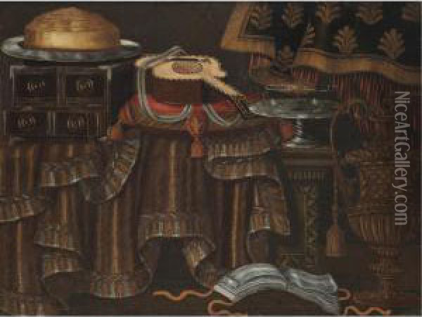 A Still Life With A Guitar On A 
Cushion Together With Other Objects On A Partly Draped Table With An 
Open Manuscript And An Urn In The Foreground Oil Painting - Francesco (Il Maltese) Fieravino