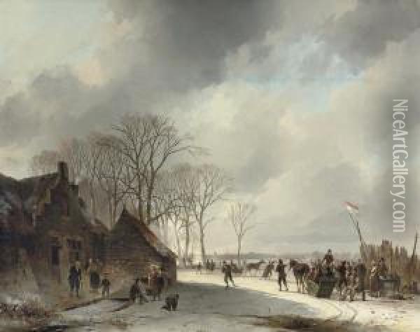 A Crowded Day On The Ice Oil Painting - Cornelis Gerrit Verburgh