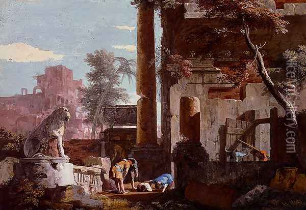 An Architectural Capriccio With Figures, A Man Drinking From A Fountain Oil Painting - Marco Ricci