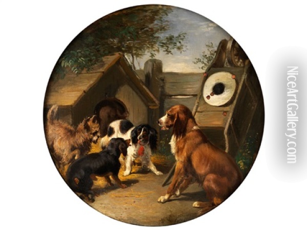 Vier Hunde Vor Einer Hutte Oil Painting - Ludwig Gustav Voltz