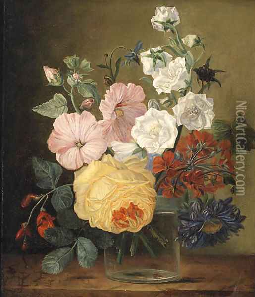 Flowers in a glass Jar on a Ledge Oil Painting - Jan Frans Van Dael