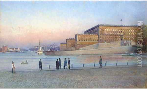 Elegant figures on the quay before the Royal Palace, Stockholm Oil Painting - Johan Kindborg