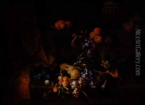 Singe Et Perroquet Se Querellant Pres De Divers Fruits Poses Sur Une Margelle De Pierre Oil Painting - Jan Pauwel Gillemans the Younger