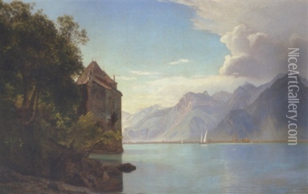 Parti Fra Genfersoen Med Chateau Chillon Oil Painting - Janus la Cour