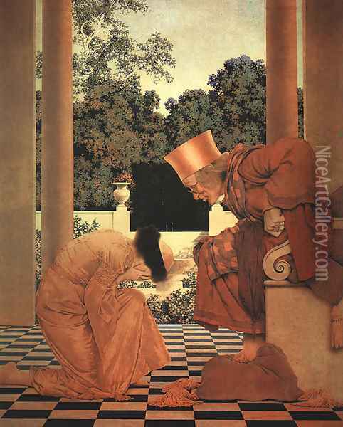 Lady Ursula Kneeling before King Pompdebile Oil Painting - Maxfield Parrish