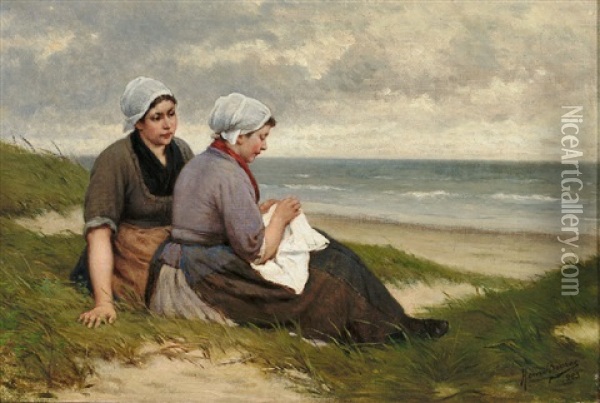 Zwei Madchen In Belgischer Tracht Am Strand Oil Painting - Henri Bource