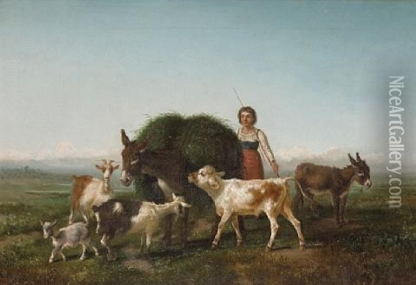 An Extensive Italianate Landscape With A Young Girl With Her Farm Animals In The Foreground (+ A Companion Painting; Pair) Oil Painting - Antonio Milone