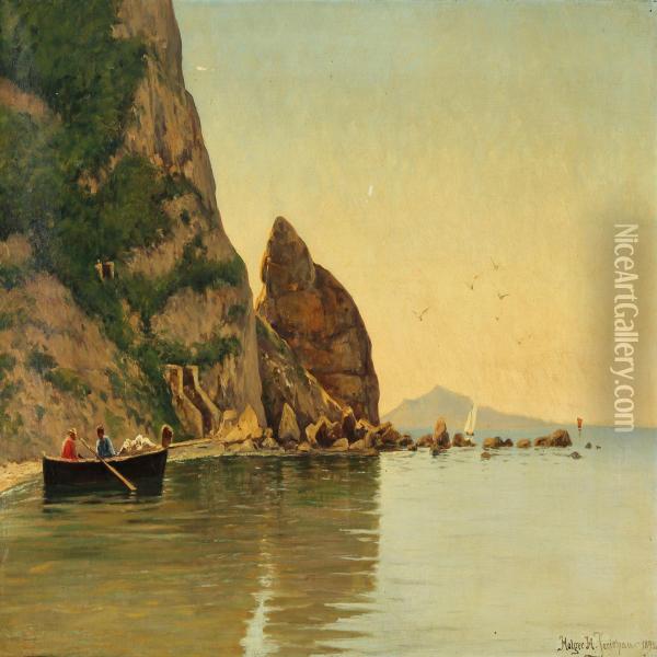 Fishermen In A Small Boat At The Rocks Oil Painting - Holger Hvitfeldt Jerichau