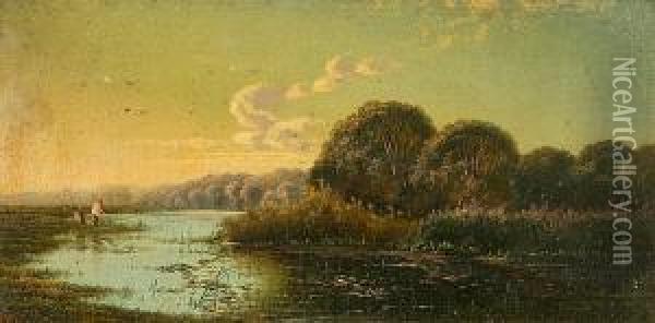 Anglers On A Quiet Stretch Of The River Oil Painting - Edwin H., Boddington Jnr.