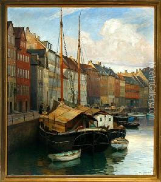 Canal Scenery From Copenhagen, Denmark Oil Painting - Axel Johansen
