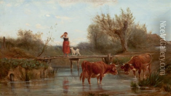 Crossing The Stream Oil Painting - Ludwig Sellmayr