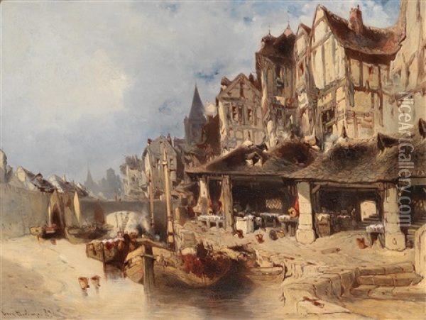 Fischmarkt Am Flussufer Oil Painting - Eugene F. A. Deshayes