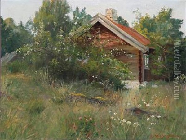 At A Norwegian Log House Oil Painting - Andreas Singdahlsen
