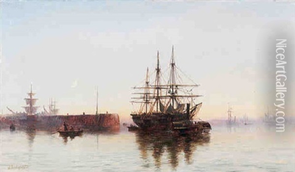Shipping Off A Jetty At Dusk Oil Painting - Robert Jobling