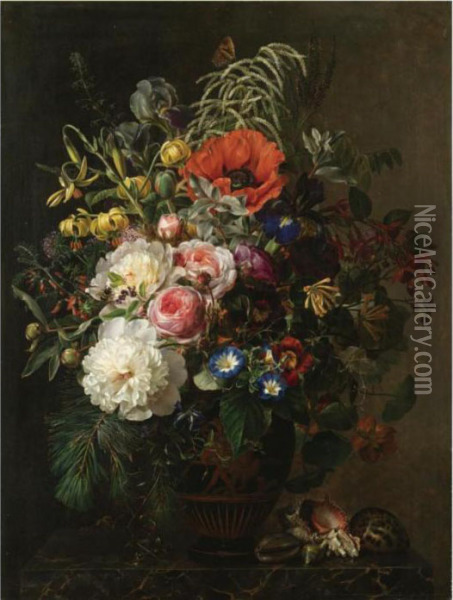 Stilleben Med Blomster I Graesk Vase (still Life With Flowers In Agreek Vase) Oil Painting - Johan Laurentz Jensen