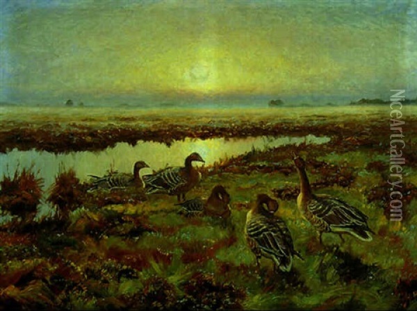 Landskap Med G,ss Oil Painting - William Gislander