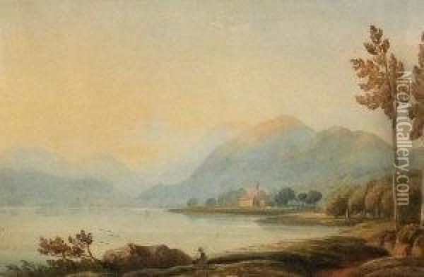 Lakeside Shore With Mountains Beyond Oil Painting - John Varley