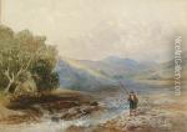 Fisherman On A Highland River Oil Painting - David Cox