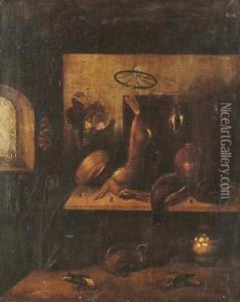 A Kitchen Interior With A Dead 
Hare And Dead Pheasants On A Tabletop With An Earthenware Jar And Copper
 Pan. Oil Painting - Benjamin Blake