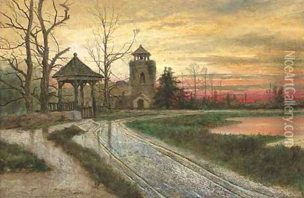 Sunset over a churchyard Oil Painting - English School