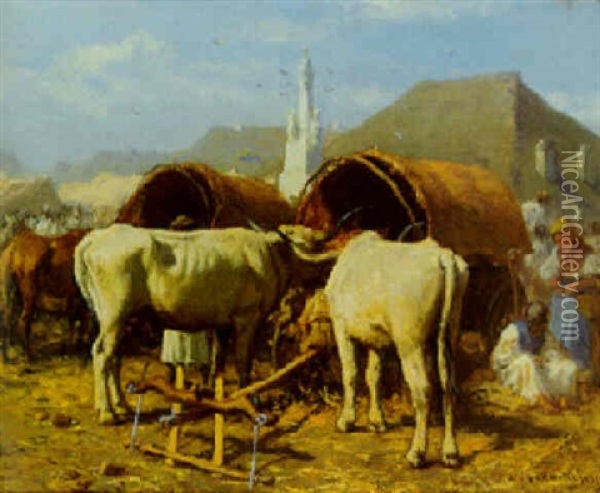 Markt In Szolnok, Vorne Zwei Ausgespannte Ochsen Oil Painting - August Xaver Carl von Pettenkofen