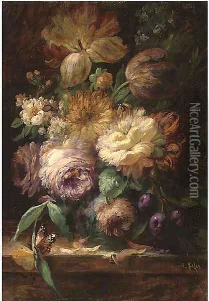 Roses and tuplips in a vase, with plums, a bee and butterfly on a stone ledge Oil Painting - Louis Silas