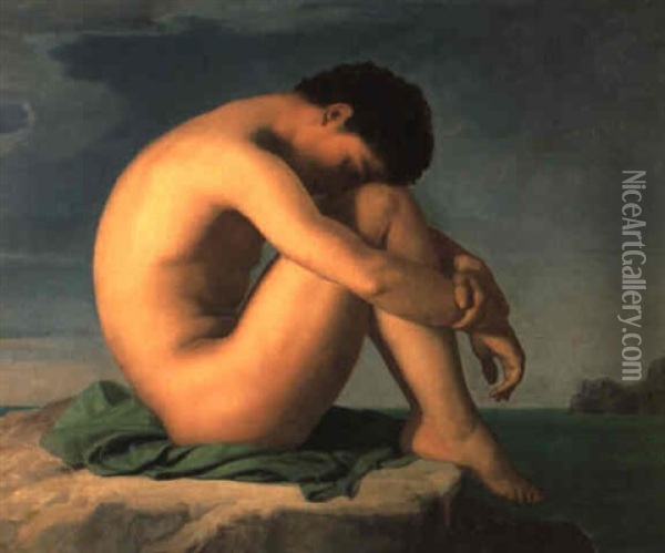 Jeune Homme Nu Assis Sur Un Rocher: Figure D'etude Oil Painting - Pierre Francois Bouchard