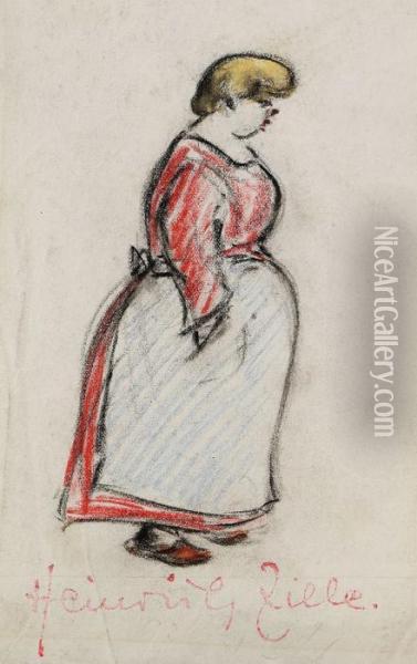 Frau In Rotem Kleid Und Blauer Schurze Oil Painting - Heinrich Zille