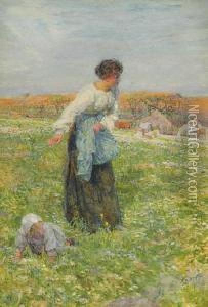 'the Mother Will Not Turn, Who Thinks She Hears Her Nursling's Speech First Grow Articulate; Oil Painting - Lionel Percy Smyth