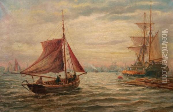 Segelbat Pa Vag Mot Handelsfartygen Oil Painting - Bernard Benedict Hemy