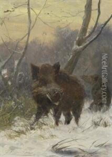 Wildschwein Im
 Winterwald. Oil Painting - Carl Friedrich Deiker