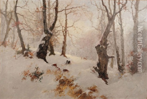 Verschneite Waldlandschaft Mit Rehen Oil Painting - Antal (Laszlo) Neogrady