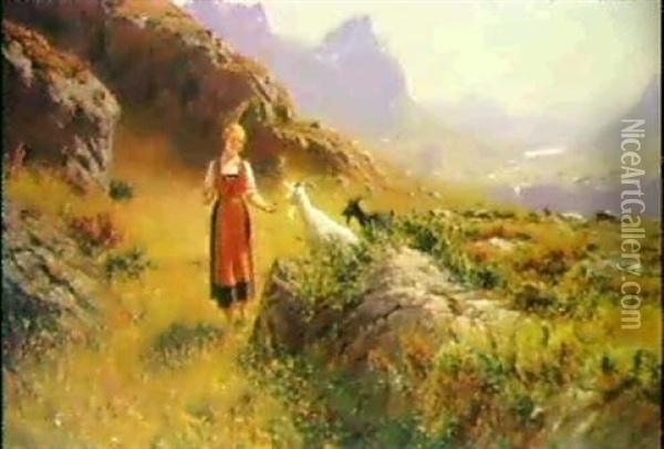 Bjerglandskab Med Ung Pige Og Geder Oil Painting - Hans Dahl