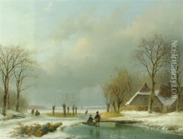 A Winter Landscape With Sportsmen Conversing On The Ice, A Peasant Couple On A Path And Farms Beyond Oil Painting - Andreas Schelfhout